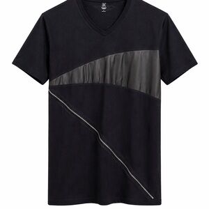 INC International Concepts Black V-Neck Tee with Leather Accent